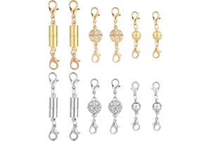 MIKOVIVI 12pcs Magnetic Jewellery Clasp, Gold & Silver Magnetic Necklace Extenders with Double Lobster Fasteners Ball & Cylindrical Connectors Jewelry Closures for Necklaces Bracelets