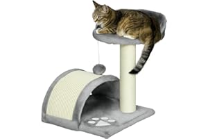 PawHut Árbol Rascador para Gatos Pequeños Altura 46 cm de 2 Niveles Árbol para Gatos con Poste Tablero para Rascar Plataformas y Juguete de Bola Colgante 35,5x37x46 cm Gris