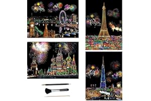 ShipeeKin 4x immagini da graffiare, 290 x 210mm (A4) carta da graffiare colorata patinata con set di strumenti(Città dei fuochi d'artificio)