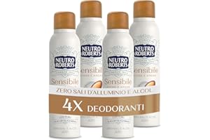 Neutro Roberts, Deodorante Spray Pelle Sensibile con Avena Lenitiva e Argan, Zero Sali di Alluminio, Zero Alcol, con Puro Olio di Glicerina, Dermatologicamente testato, 48h - 4 Pezzi da 150 ml