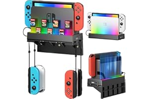 AUARTE Kit di montaggio a parete per interruttore RGB per Nintendo Switch/modello OLED, supporto per console per interruttori, accessori per interruttori con 7 modalità di illuminazione, 7 slot per schede, 4