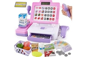 LINFUN KIDS Registratore di Cassa Supermercato Giocattolo con Microfono, Scanner di Suoni e Luci,Cibo Finto Giochi di Imitazione per Ragazze Ragazzi 3 Anni Rose