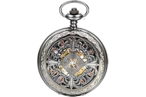 JewelryWe Reloj de Bolsillo mecánico Cuerda Manual, clásico Retro Reloj Bronce, Pantalla Dual Hueco, Reloj de Bolsillo Antiguo