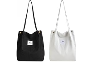 Makukke Borsa a Tracolla Donna - 2 Pezzi Borsa in Velluto a Coste Borsa a Tracolla da Donna Shopper Borsa per Uso Quotidiano (Nero+Bianco)