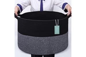 BOSROTY Extra Large Blanket Basket 87L, Laundry Hamper, Baby Nursery Hamper for Storage Toys Clothes Towels, Large Cotton Rope Laundry Basket for Girls Boys, 55 x 35 CM, Black & Gray