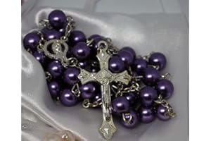 AMELIA MAE First Holy Communion Purple Rosary Beads 1st Communion Confirmation Girls/Boys Gift Excellent Quality Five Decade Rosary & Silver Crucifix Pearl Effect Beads with Free White Satin Drawstring Pouch