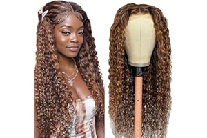Tuheerst Curly Wave Human Hair Wig Brown Parrucca Donna Capelli Veri Umani P430 Highlight Remy Hair 4X4 Lace Glueless Wear and Go Pre Bleached Knots with Baby Hair for Woman 20 Inch