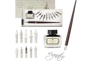 hhhouu Stylos Plume de Calligraphie en Bois Encre Set, Fountain Dip Pen avec 10 Plumes de Rechange pour Signatures, Calligraphie, Dessin, Ecriture, Décoration et Cadeau HO-Q-301