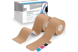 sportanics® Taśma kinezjologiczna – taśmy kinezjologiczne 1 x bezkońcowe 500 x 5 cm i 1 x wstępnie przycięte 25 sztuk (20 x 5 cm), bardzo elastyczne i wodoodporne, taśma sportowa, taśmy fizjoterapeutyczne do mięśni, beżowa [2 rolki]