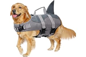 lfdhcn Life Jacket for Dogs, Summer Swimming Shark Safety Vest With Adjustable Strap and Rescue Handle for Beach Pool Boating, Free Bath Brush Included (Grey, M)