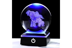Ornalrist 8cm 3D Double Elephant Crystal Ball Paperweight Ornaments with LED Light Base Glass Elephant Gifts for Women Mum on Birthday Christmas