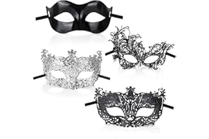 GWAWG Maskerade-Maske, 4 Stück, schwarz, silberfarben, filigran, schwarze Spitze, klassischer Zorro-Stil, sexy venezianische Party-Verkleidung, Zubehör für Männer und Frauen, Paare