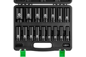 Ginour Impact Socket Set 1/2 Inch, 17PCs Drive Master Deep Impact Socket Set 10mm - 32mm, Metric, Cr-Mo, 6 Point, with 3/8'' to 1/2'' Adapter