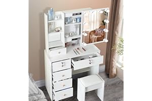 TOPHEHAN Modern Dressing Table with LED Lights, Makeup Vanity Table with Adjustable Brightness Mirror, 5 Drawers and Open shelves for Bedroom (Modern T08)