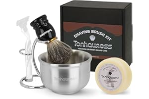 TONHAWNESS Shaving Brushes Kit For Men, 4 In 1 Shaving Brush Set Includes Badger Hair Shave Brush, Stainless Steel Shaving Bowl, Shaving Stand and Soap