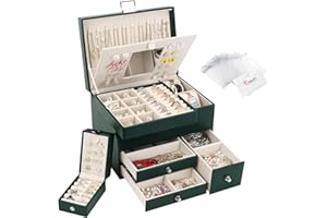 CASIWAFT Jewellery Box Organiser, 3 Layers Large PU Jewelry Storage Case with Portable Travel Case, Jewellery Box with Removable Tray and Mirror for Necklaces Earrings Rings Watches, Dark Green
