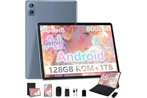 Dghrti Tablette Tactile 10.1" Android -22 Go RAM / 128 Go ROM (TF 1To), 8 cœurs, 8000 mAh, WiFi 5G/2.4G, Double caméra 5+8 MP - Widevine L1 avec Clavier et Souris - Gris