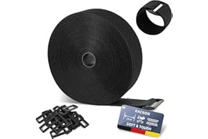 KACNON Sangles de Câble Réglables 10 m x 5 cm, avec 20 Boucles, Découpable/Réutilisables, pour la Gestion des Câbles, le Jardinage, les Ateliers, Noir