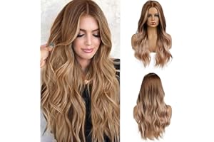 Esmee Perruque Ombre Brune Racine Blonde de 24 pouces, perruque synthétique résistante à la chaleur naturelle longue ondulée pour femmes (sans frange)