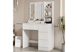 LIANWANG Girls Dressing Table with 10PCS Light Bulbs and Brightness Adjustable, Vanity Desk with 4 Storage Drawers and 3 Cabinets for Makeup, White Costmetic Vanity Set