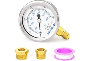 MEANLIN MEASURE 0-250bar/3500PSI Acero inoxidable 1/4"BSP 2.5"FACE DIAL Manómetro de presión lleno de líquido WOG Agua Aceite Aire Montaje inferior, con 1/4"x 1/2"BSP y 1/4"x 3/8"BSP Buje hexagonal