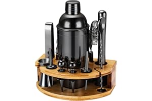 LEBARSTOR Cocktail Shaker Set, 12 Teiliges Edelstahl Bar Zubehör Set, 750ML Shaker Barkeeper Set mit Ständer, Ideales Cocktail Maschine Barkeeper Set für die Hausbar (Schwarz)