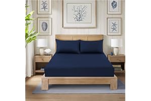 CHARKHAH Polycotton Fitted Sheet for Single Double King Super King Bed 200 Thread Count Anti Wrinkle Plain Bedding 25 cm Extra Deep Fitted Sheets Cover with Elastic Edges (Navy-Blue, Single)