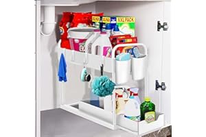 Wholede Rangement sous Evier Niveaux, en Plastique, Rangement et Organisation de Cuisine avec 4 Crochets et 2 Gobelet Suspendu pour Salle de Bain/Cuisine, Blanc.