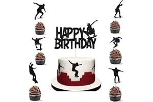 ALEGRE Skatoboard Tortendeko Junge,13 Stück Happy Birthday Kuchen Deko Schwarz,Skatoboard Tortenaufleger Geburtstag Junge Mädchen,Glitzer Cupcake Topper,Extreme Skateboarding Thema Party Deko Zubehör