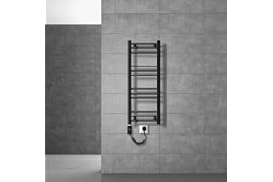 LuxeBath Radiador Toallero de Baño Sahara 300 x 800 mm Negro Mate Diseño Recto con Conexión Lateral + Elemento Calefactor 600W, Calentador Secador de Toallas con Kit de Montaje Incluído