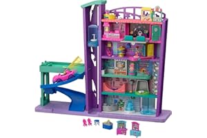 Polly Pocket Centrum handlowe Pollyville Zestaw zawiera: 6 poziomów, windę, samochód, parking, minilalki (Polly i Lila), figurkę pieska i akcesoria do zabawy; dla dzieci od 4 lat, GWV02