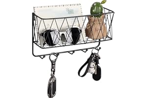 OROPY Key Holder for Wall, Letter Holder with 5 Hooks, 29×16.5×9cm,Sturdy Matte Black Metal Wire Mesh Basket, Wall Mounted Key Hooks for Entryway, Mudroom, Hallway, Bedroom