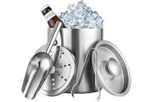 JUTYUM Podwójne ścianki izolowane wiadro na lód 2 l, pojemnik na kostki lodu z pokrywą, stal nierdzewna, ze szczypcami, szufelką i filtrem lodu, pojemnik na kostki lodu ze stali nierdzewnej, do chłodzenia