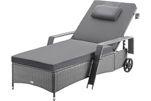 ‎CASARIA Casaria® Sun Lounger with Wheels Extra Wide 90 cm 7 cm Cushion Garden Lounger Weatherproof 160 kg Load Capacity Grey Anthracite Balcony Furniture Adjustable Deck Chair Patio