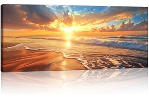 Stor träram orange strand solnedgång havslandskap bilder dekoration vardagsrum, moderna bilder natur kust landskap målning ka