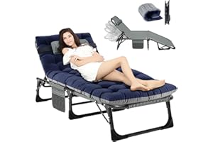 ZIKEBTUY Garden Sunloungers 440lbs Load Capacity Folding Bed Sun Recliner Lounger with Side Pocket and Adjustable Backrest Portable Camp Bed for Camping Office Nap Patio Pool 190x68x30CM (Blue)