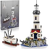 IKUPER Ideas Leuchtturm Bauspielzeug und Fischerboot mit Liegeplatzgestell, Home und Zimmer-Deko, 1677 Klemmbausteinen als Ge