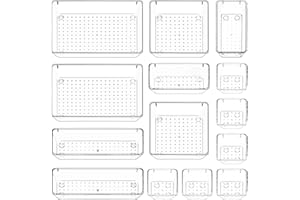 Puricon Scatole Stoccaggio, Set di 14 Scatole Stoccaggio Plastica Multifunzionale Portaoggetti da Scrivania Cassetto Organizer per Cosmetici Ufficio Scrivania Cucina Bagno Camera da Letto -Chiaro