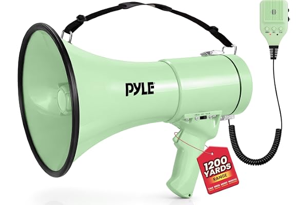Pyle 50W Megaphone Bullhorn - Portable, Automatic Siren & Adjustable Volume,Projection Range Up to 1200 Square Yards, Aux Input, Talk, Siren, Music, Whistle, & Record, Shoulder Strap