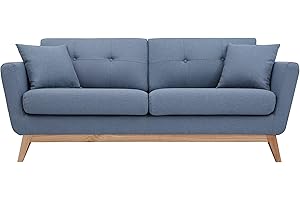 Concept-Usine | Sofá Escandinavo Höga | Azul Pastel | 3 plazas + 2 Cojines | Sofá Moderno de diseño Recto de Tela con reposabrazos, Cojines auxiliares, Respaldo y Asiento desenfundables