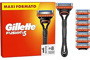 Gillette Rasoio Barba Manuale + 8 Lamette Gillette Fusion 5, LAMETTE DA BARBA Di Ricambio a 5 Lame e Rasoio Manuale Fusion 5, Rasatura Scorrevole con Striscia Lubrificante