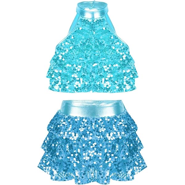 Costume Jazz Danse Fille Moderne Paillettes – Ensemble Haut Court + Jupe Culotte + Chouchou Métallique, Enfant 3-16 Ans