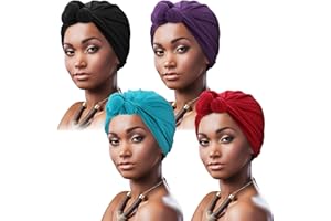 DRESHOW 4 Pack Women Turban African Pattern Knot Headwrap Beanie Pre-Tied Bonnet Chemo Cap Hair Loss Hat