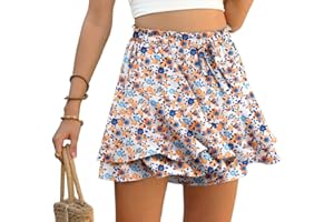 PrinStory Ruffles Shorts For Women High Waist Flowy Shorts Drawstring Skort Casual Summer Skort Wide Leg Culottes
