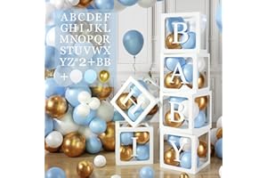 WAYFUN 105 Cube Baby Shower Decoration pour Garçon,6 Boîte Ballon Décoration Douche Bébé Bleue avec Lettre(BABY+A-Z),45 Ballon Bleues Or Blanc,Boîte Bébé pour Baby Shower,Décoration Fête Anniversaire,DIY Nom