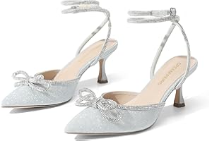 DREAM PAIRS Kitten Heels Rhinestone Bow Ankle Strap Stiletto Pointed Closed Toe Heels for Women Pumps Wedding Bridal Party Dress Shoes