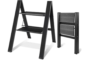 IBVIVIC 2 Marches Escabeau de Aluminium, Escabeau Pliable Léger, Robuste avec Large Pédale, Antidérapant Échelle Marchepied, Charge jusqu'à 150 KG, pour Maison, Cuisine, Bureau, Noir
