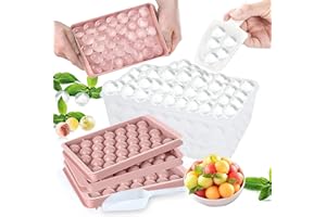 Theuwnee® 3 okrągłe foremki na kostki lodu z pojemnikiem na lód, forma do produkcji kulek do zamrażarki, mini tacka na kostki lodu (3 szt. różowych tacek na lód, pojemnik i łopatka do lodu)