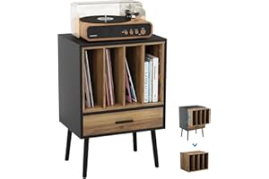 Semiocthome Record Player Stand with Nesting Vinyl Storage Crate Holds Up to 160 Albums, Record Player Table with a Drawer and Solid Wood Legs, Side End Table for Turntables for Living Room Bedroom