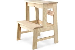 KADAX Scaletta in Legno di Pino con Finitura Naturale e Design Ergonomico, Scaletta da Cucina con 2 Gradini Larghi per Maggiore Stabilità e Sicurezza
